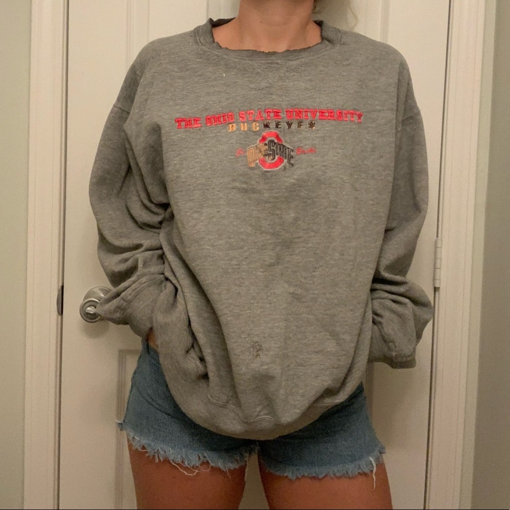 Repurposed, distressed Ohio State sweatshirt